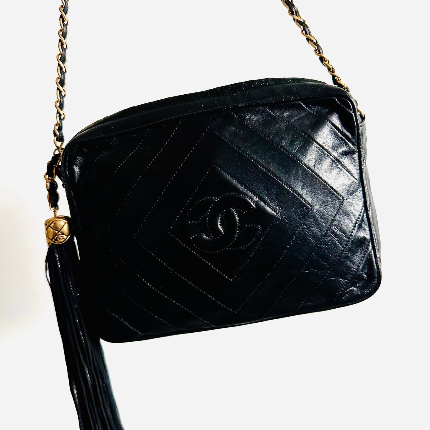 Chanel Black GHW Quilted Lambskin Giant CC Logo Vintage Camera Shoulder Sling Bag 1s with Tassel Fringe