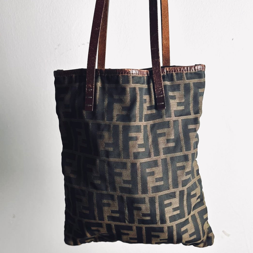 Fendi Zucca Brown FF Monogram Logo Small Shopper Tote Bag With Pouch