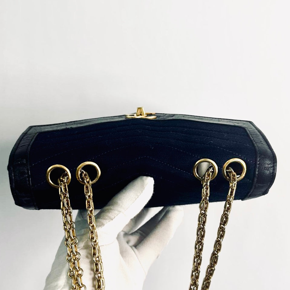 Chanel Navy Blue GHW CC Logo Turnlock Small Classic Single Chevron Quilted Jersey & Lambskin Flap Reissue Chain Vintage Shoulder Sling Bag Pre Series