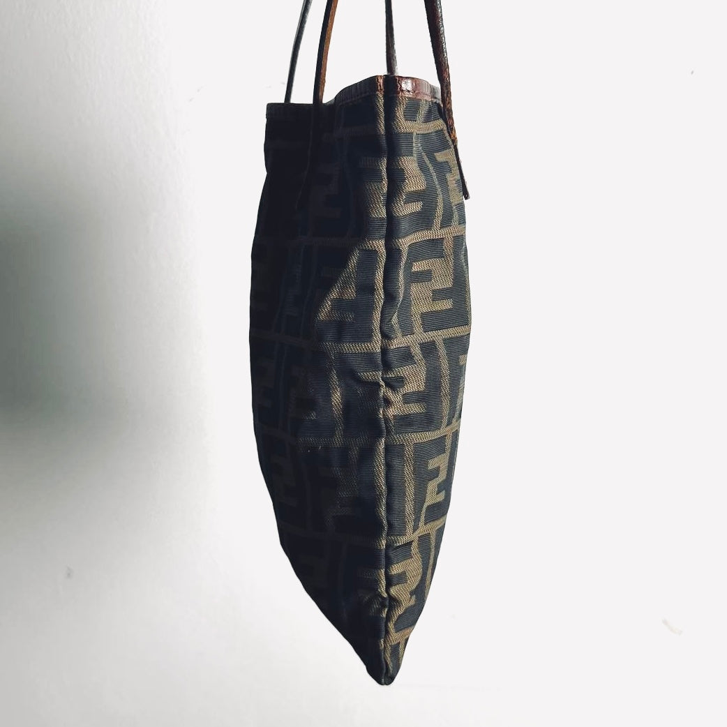 Fendi Zucca Brown FF Monogram Logo Small Shopper Tote Bag With Pouch
