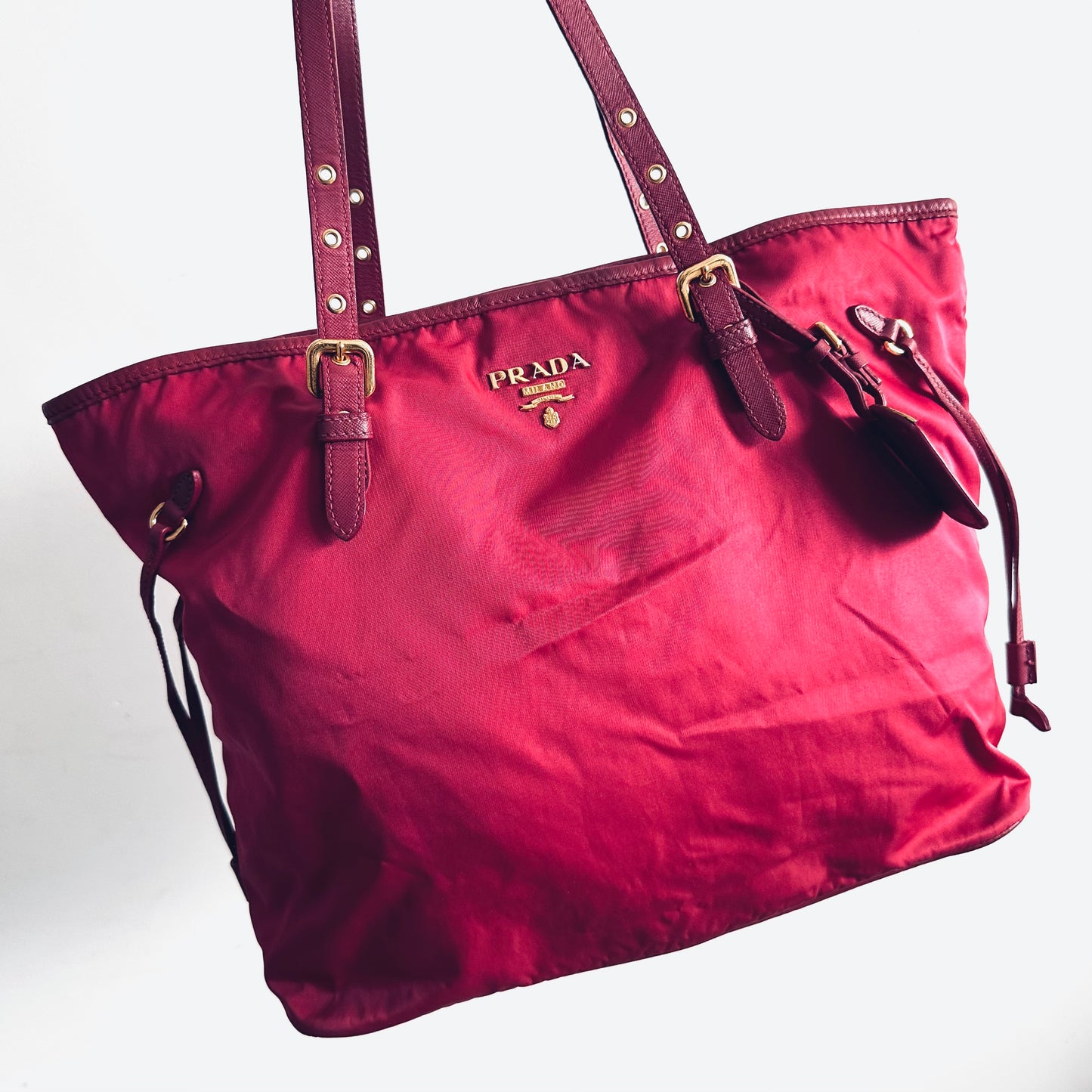 Prada Fuchsia Pink GHW Tessuto Classic Logo Shopper Shoulder Tote Bag With Side Laces