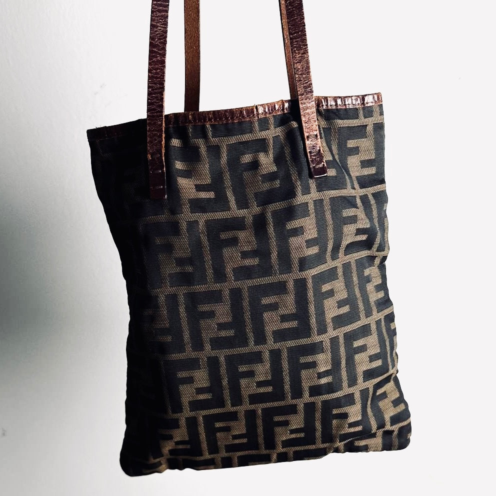 Fendi Zucca Brown FF Monogram Logo Small Shopper Tote Bag With Pouch