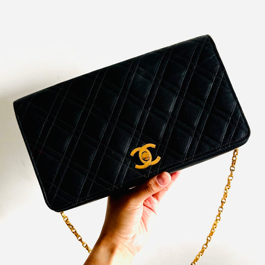 Chanel Black GHW Full Flap Giant CC Monogram Logo Quilted Lambskin Leather Vintage Turnlock Bijoux Mademoiselle Chain Shoulder Sling Bag Pre Series
