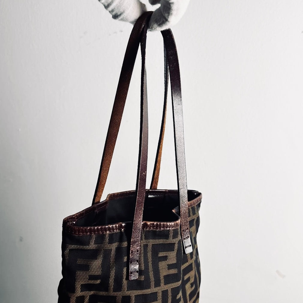 Fendi Zucca Brown FF Monogram Logo Small Shopper Tote Bag With Pouch