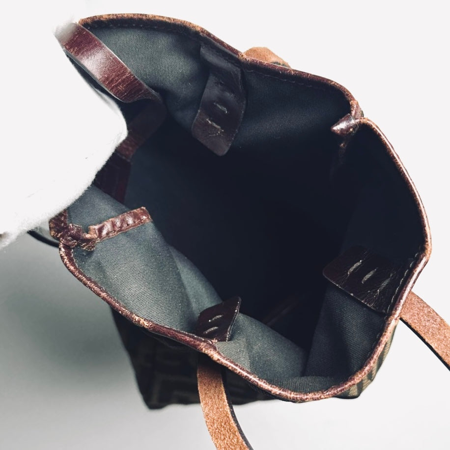 Fendi Zucca Brown FF Monogram Logo Small Shopper Tote Bag With Pouch