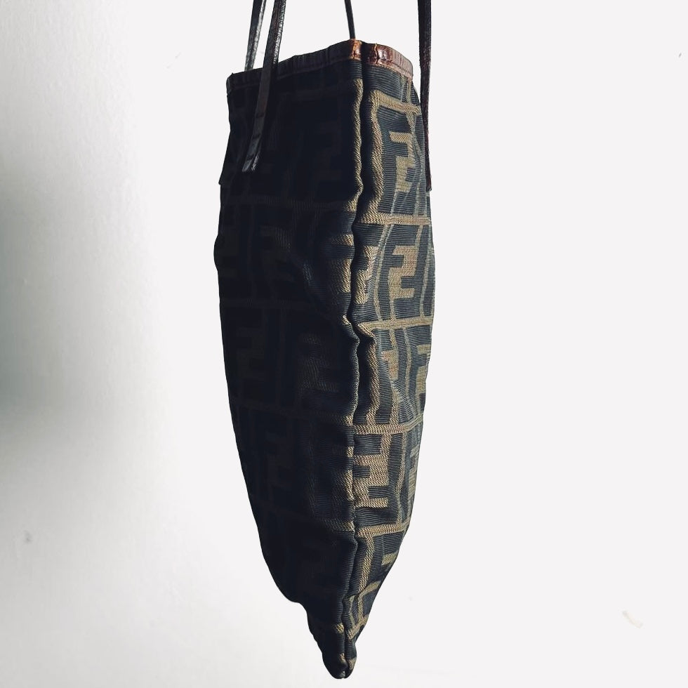 Fendi Zucca Brown FF Monogram Logo Small Shopper Tote Bag With Pouch