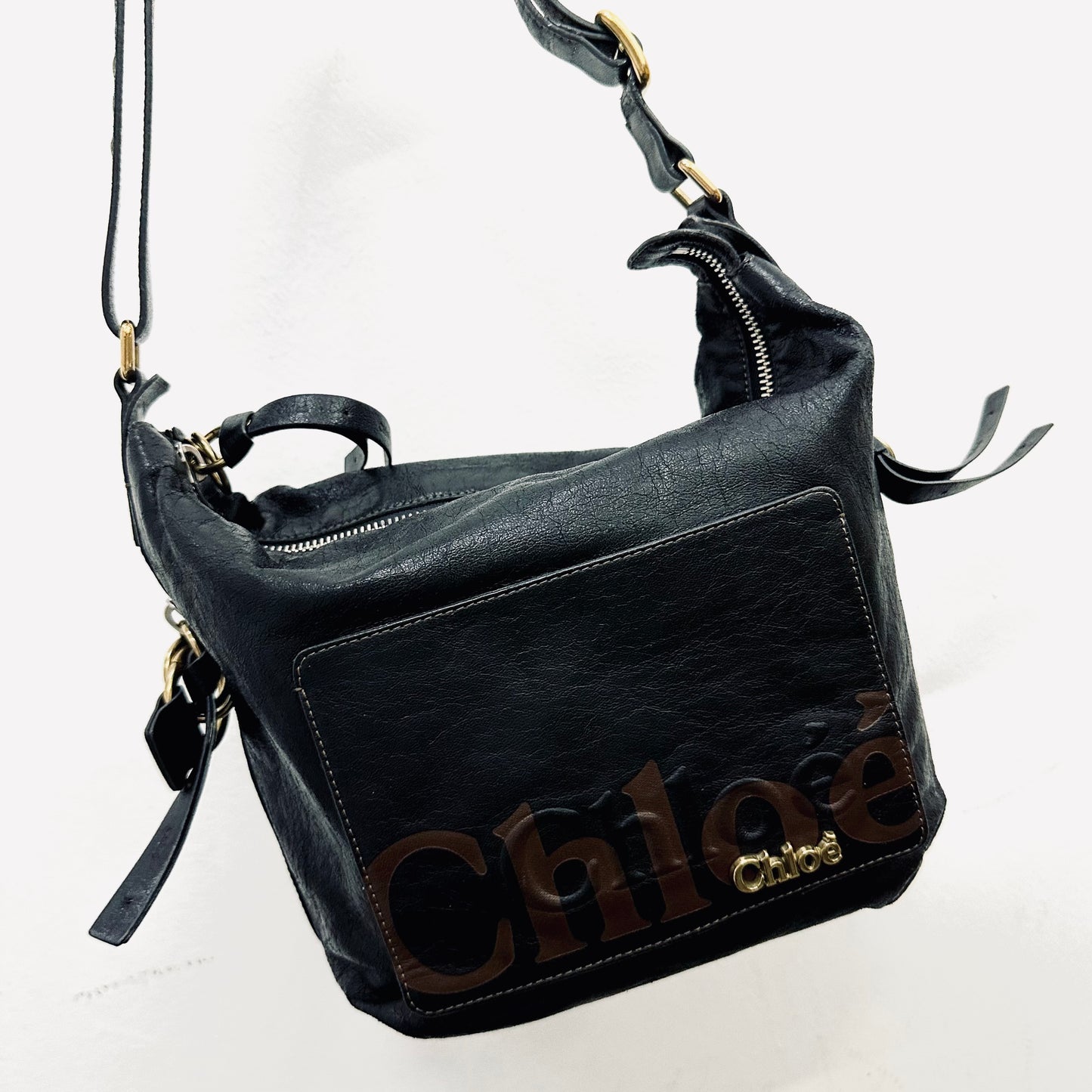 Chloe Eclipse Black GHW Leather Monogram Logo Hobo Baguette Shoulder Sling Bag