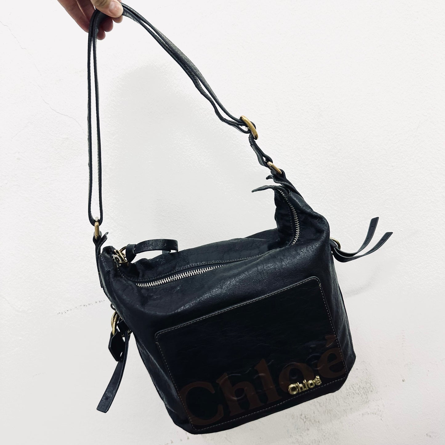 Chloe Eclipse Black GHW Leather Monogram Logo Hobo Baguette Shoulder Sling Bag