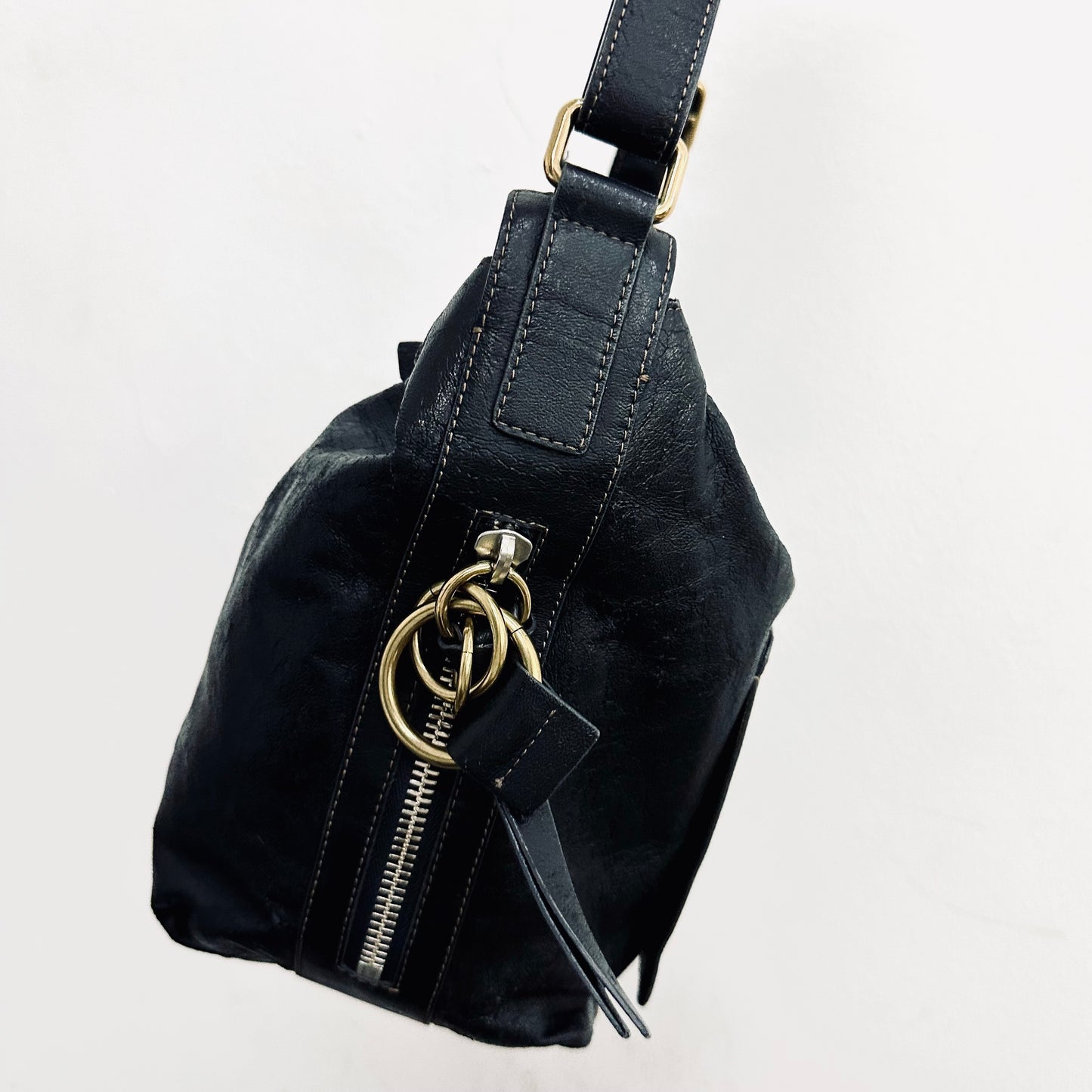 Chloe Eclipse Black GHW Leather Monogram Logo Hobo Baguette Shoulder Sling Bag