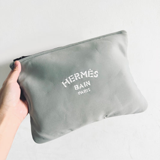 Hermes Grey / Gray Bain Monogram Logo Medium MM Neoprene Clutch Pouch Case