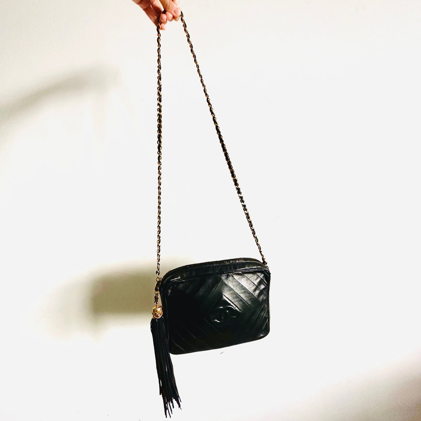 Chanel Black GHW Quilted Lambskin Giant CC Logo Vintage Camera Shoulder Sling Bag 1s with Tassel Fringe