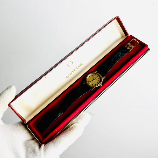 Omega Gold Round Dial Black Leather Strap 25MM Vintage Watch