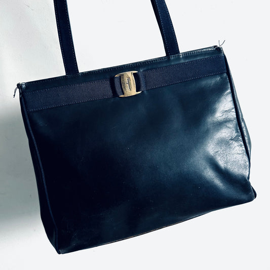 Salvatore Ferragamo Vara Bow Navy Blue GHW Smooth Leather Shopper Shoulder Tote Bag