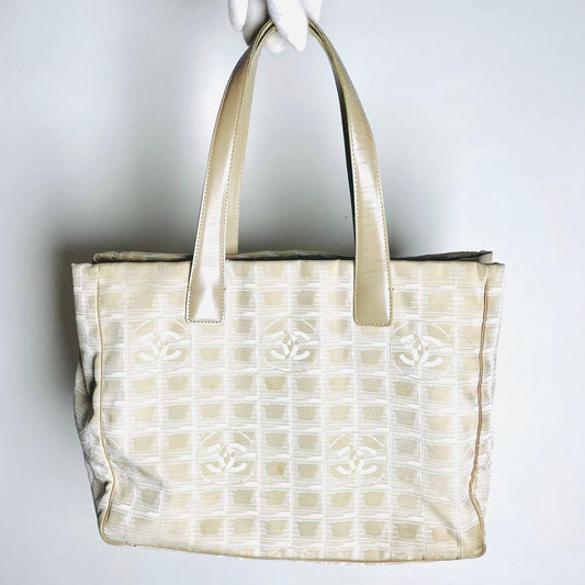 Chanel Taupe Beige GHW Travel Line Quilted Jacquard CC Monogram Logo Shopper Shoulder Tote Bag 8s