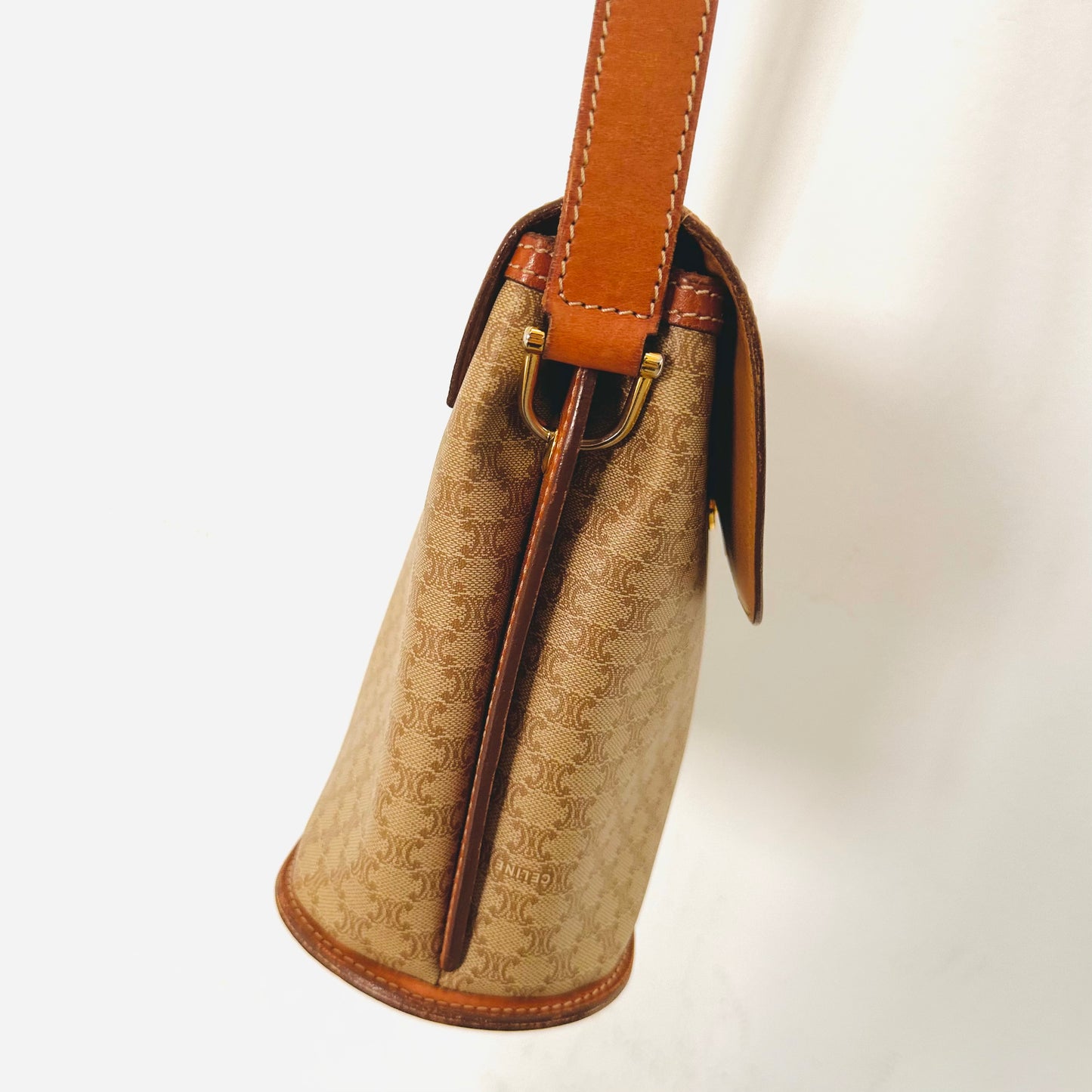 Celine Beige GHW Triomphe Macadam Monogram Logo Vintage Flap Bucket Shoulder Sling Bag