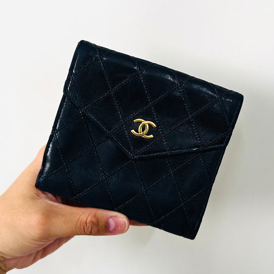 Chanel Black GHW CC Logo Lambskin Vintage Flap Envelope Bifold Compact Wallet 2s