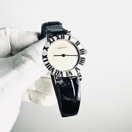 Tiffany & Co T&C Atlas Round White Dial Roman Numerals Black Embossed Leather Strap 24MM Quartz Watch