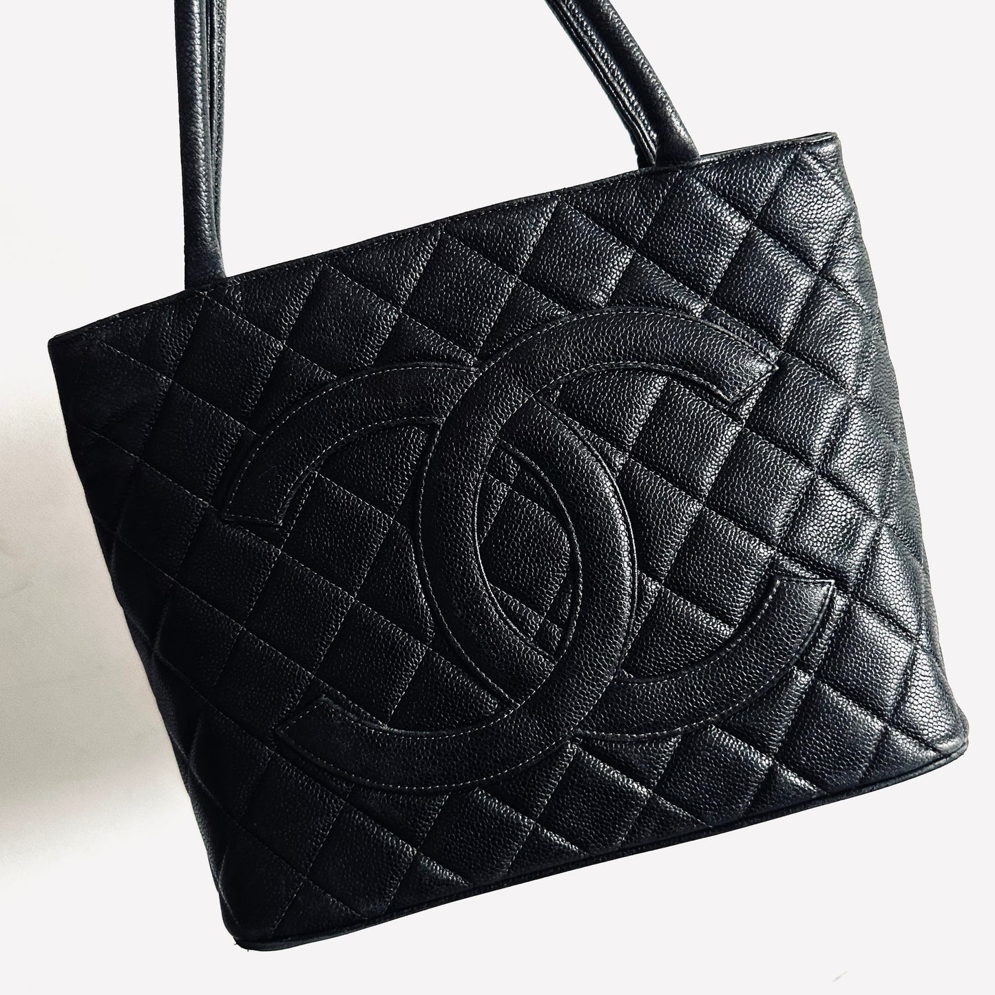 Chanel Black GHW Giant CC Monogram Logo Quilted Caviar Shoulder Shopper Tote Bag