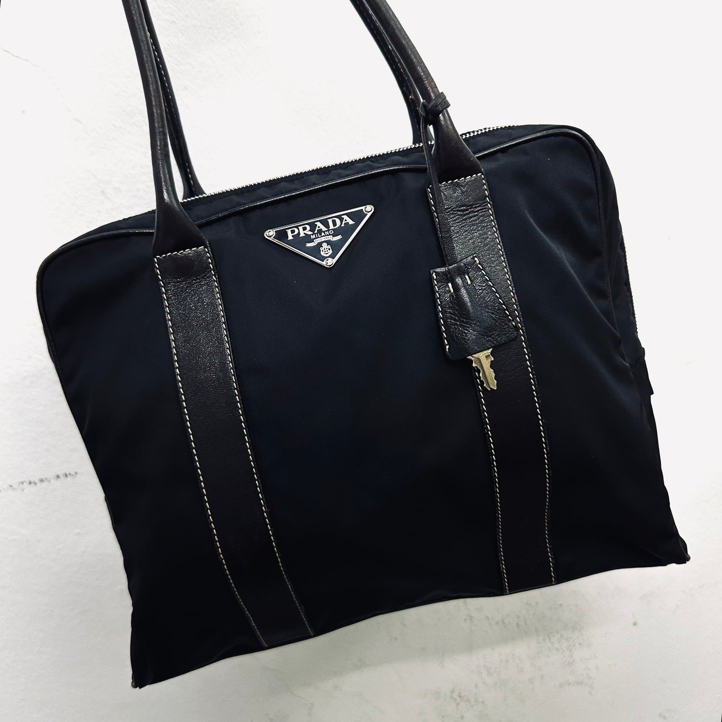 Prada Black Tessuto Classic Logo Nylon Bauletto Boston Bowling Shoulder Shopper Tote Bag