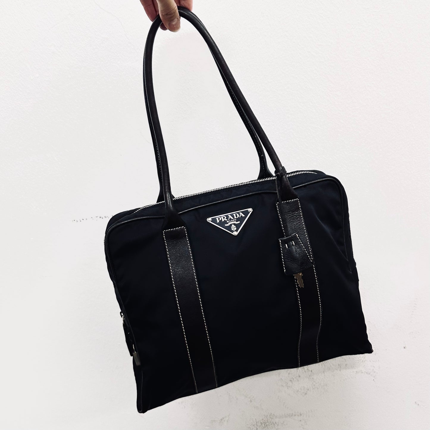 Prada Black Tessuto Classic Logo Nylon Bauletto Boston Bowling Shoulder Shopper Tote Bag