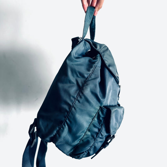 Prada Stone Blue Classic Logo Nylon & Leather Backpack Flap Drawstring Bag