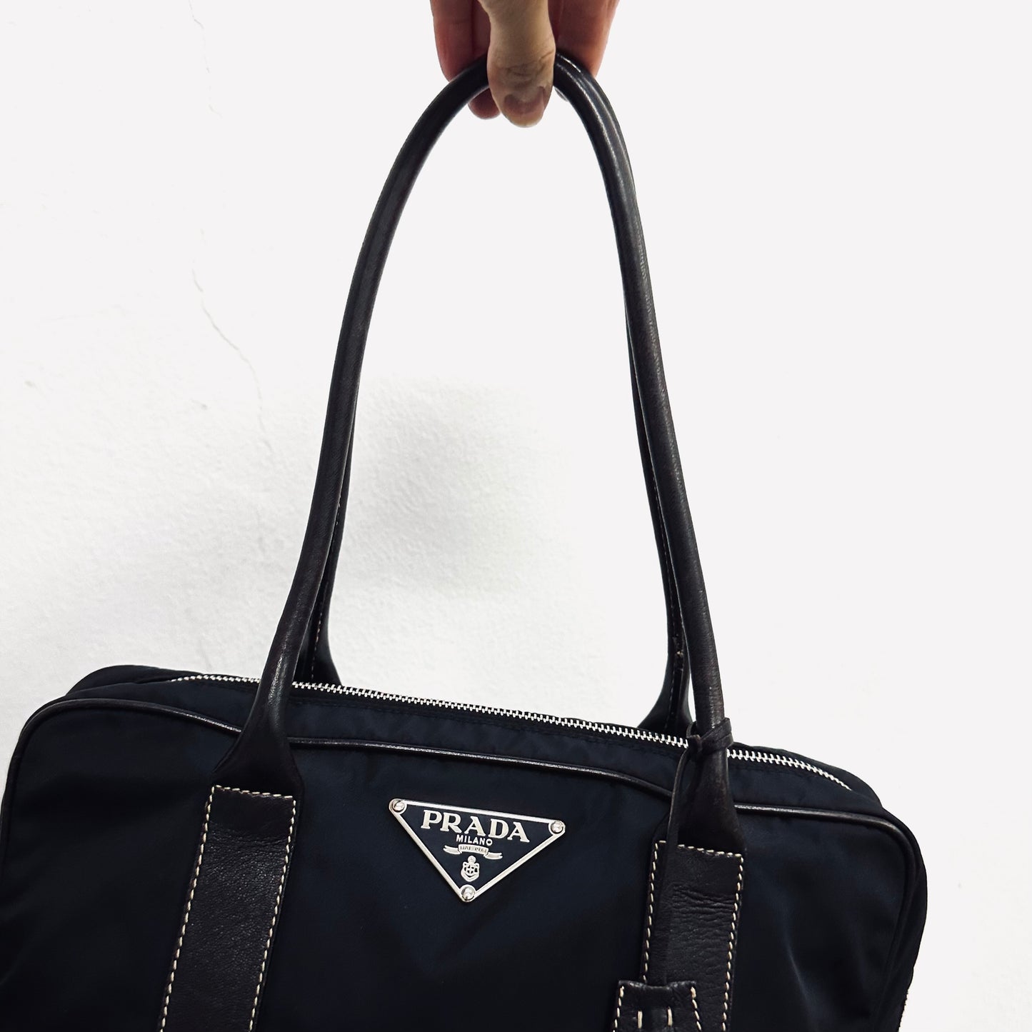 Prada Black Tessuto Classic Logo Nylon Bauletto Boston Bowling Shoulder Shopper Tote Bag