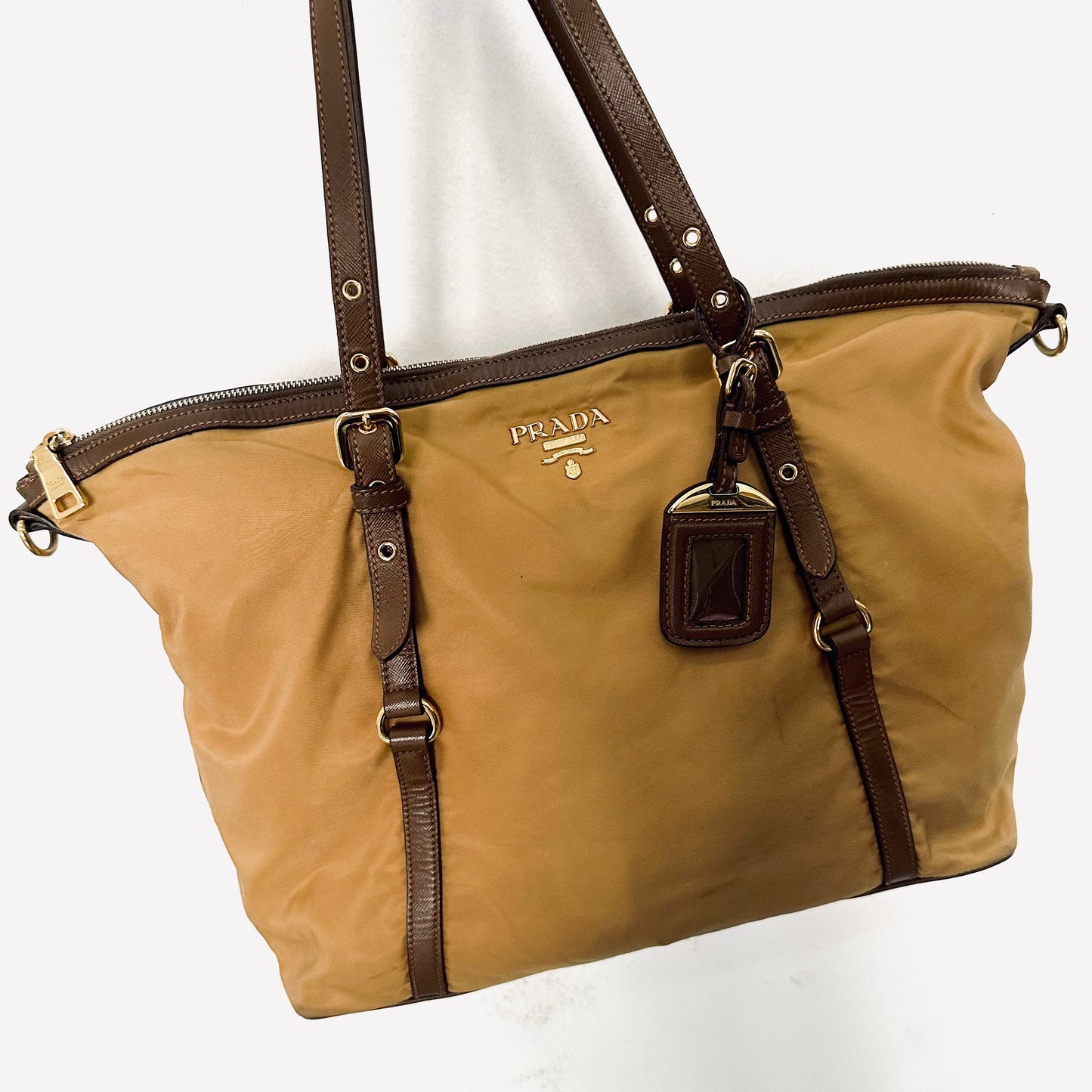 Prada Caramel Brown GHW Classic Tessuto Logo Nylon & Leather Zip Structured Tote Bag