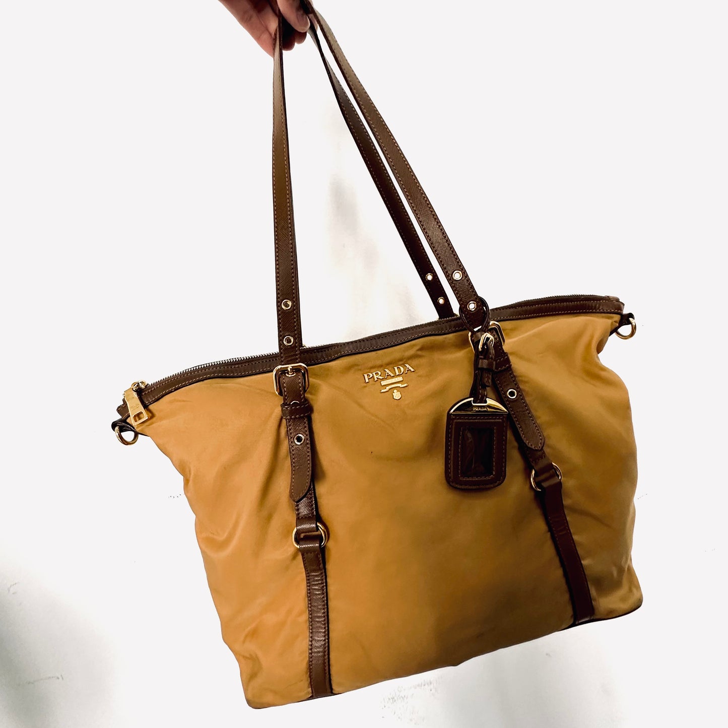 Prada Caramel Brown GHW Classic Tessuto Logo Nylon & Leather Zip Structured Tote Bag