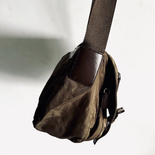 Prada Taupe Khaki Tessuto Monogram Logo Classic Flap Shoulder Sling Bag