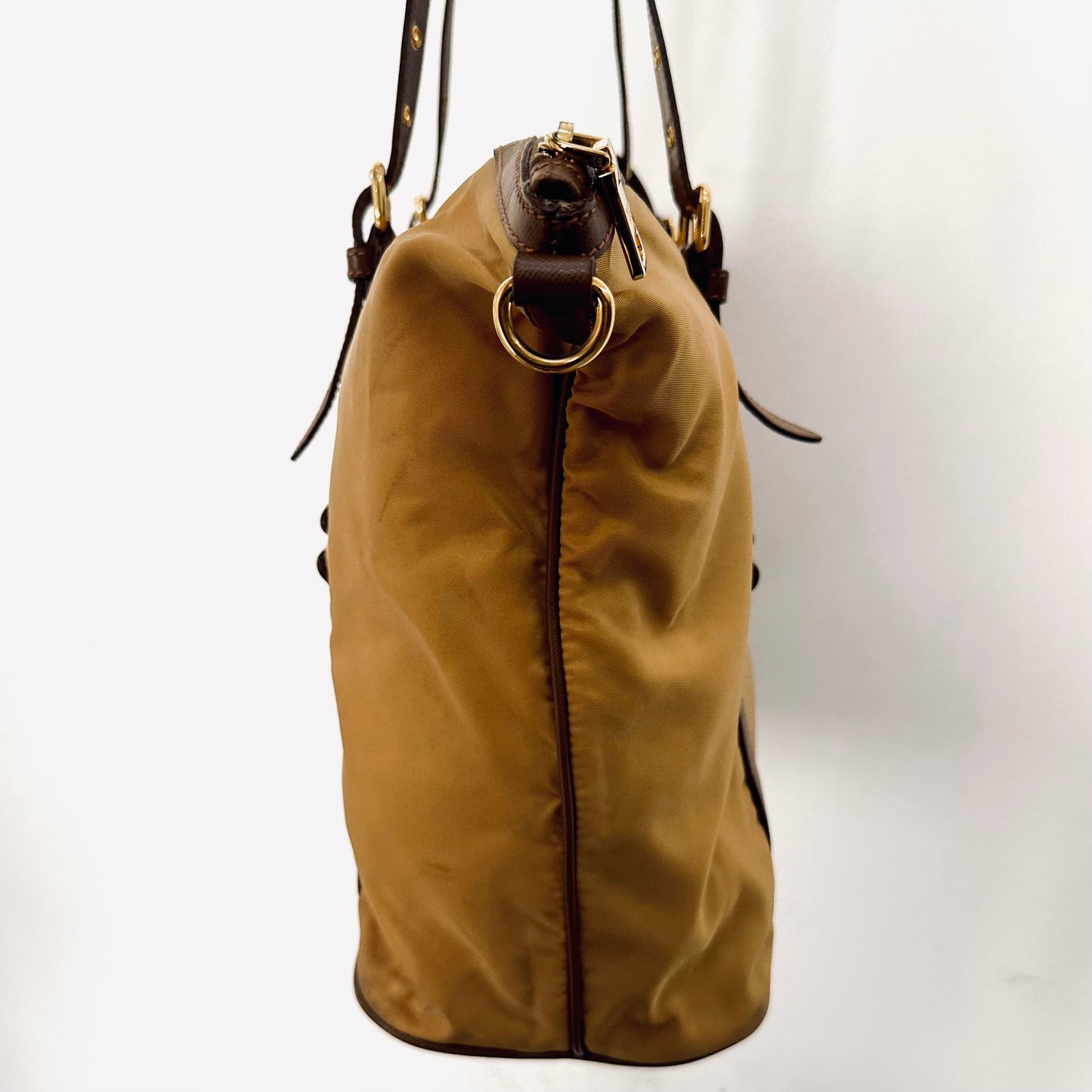 Prada Caramel Brown GHW Classic Tessuto Logo Nylon & Leather Zip Structured Tote Bag