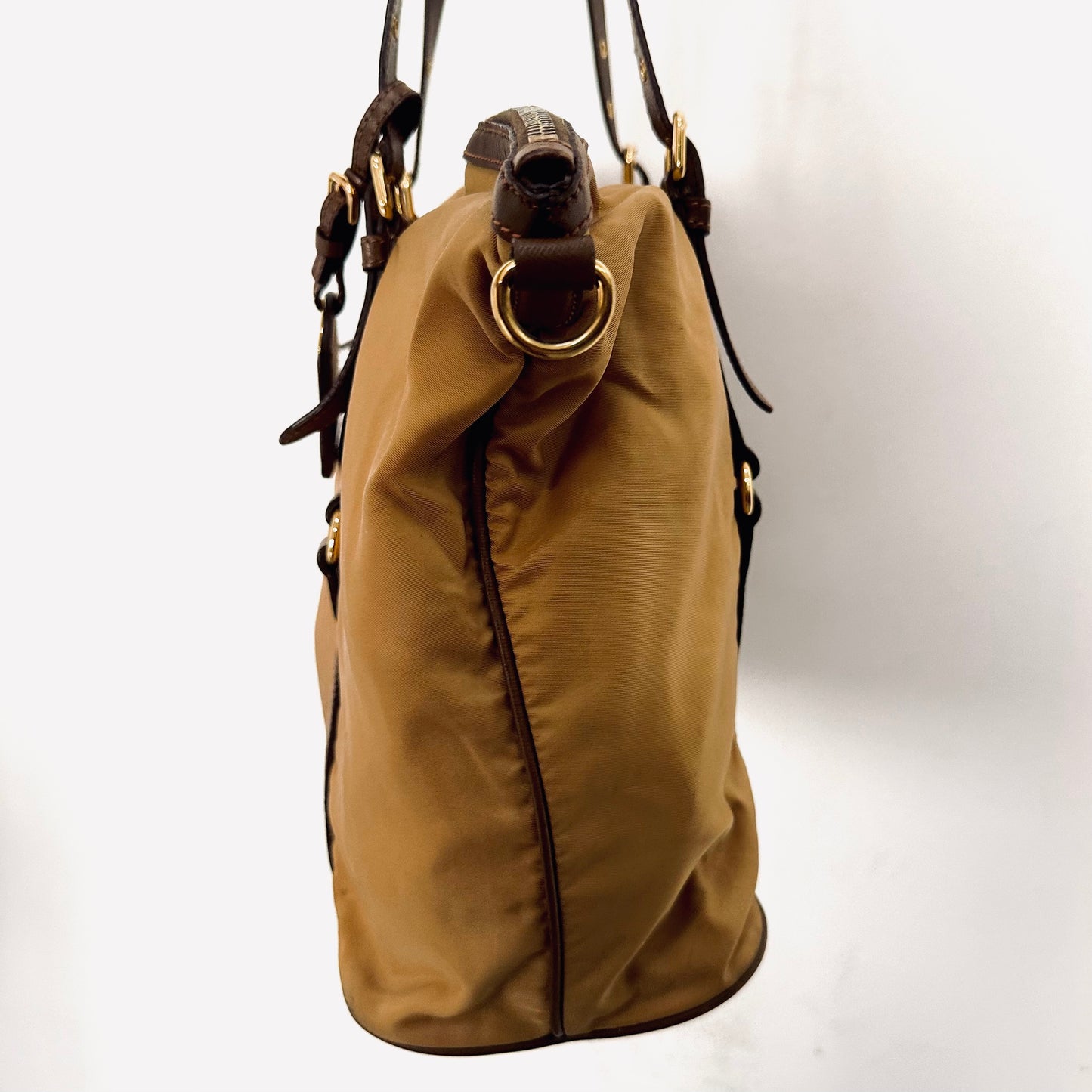 Prada Caramel Brown GHW Classic Tessuto Logo Nylon & Leather Zip Structured Tote Bag