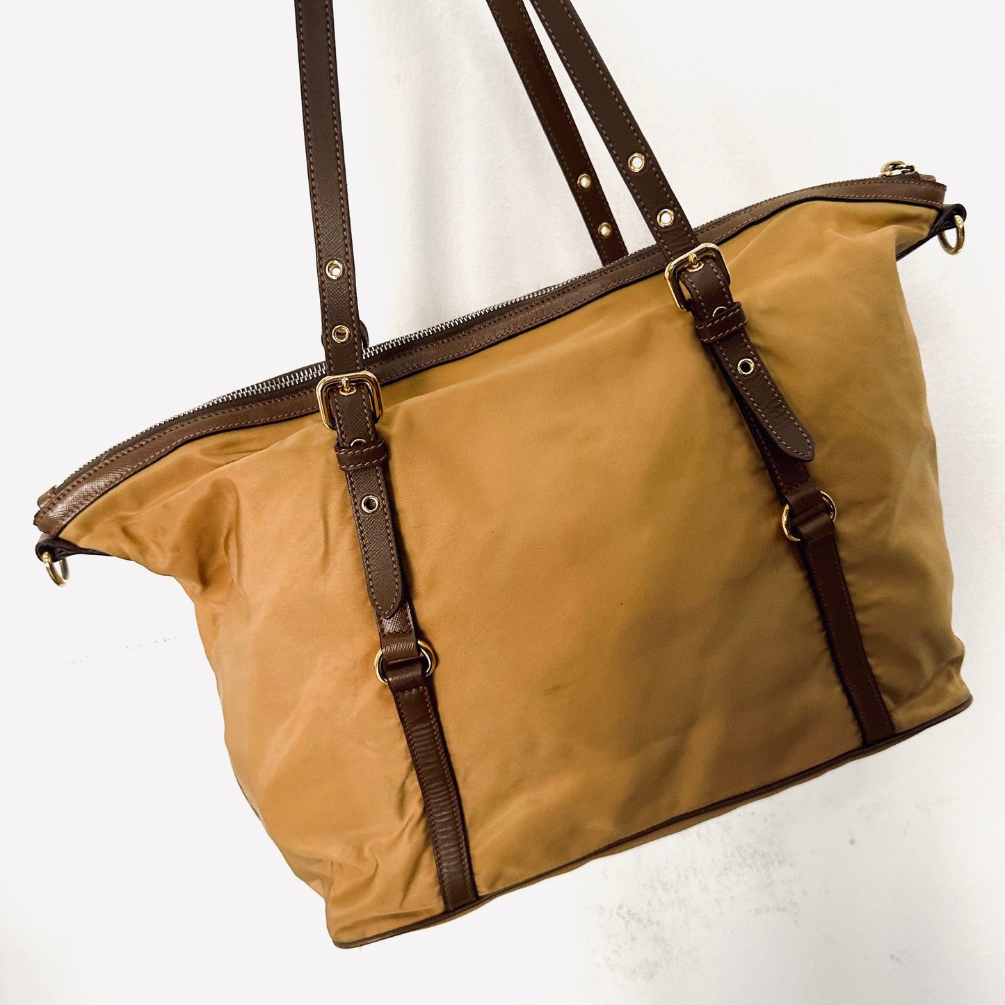 Prada Caramel Brown GHW Classic Tessuto Logo Nylon & Leather Zip Structured Tote Bag