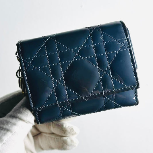 Christian Dior CD Lady Dior Dark Blue GHW Cannage Quilted Patent Monogram Logo Charms Flap Compact Trifold Wallet