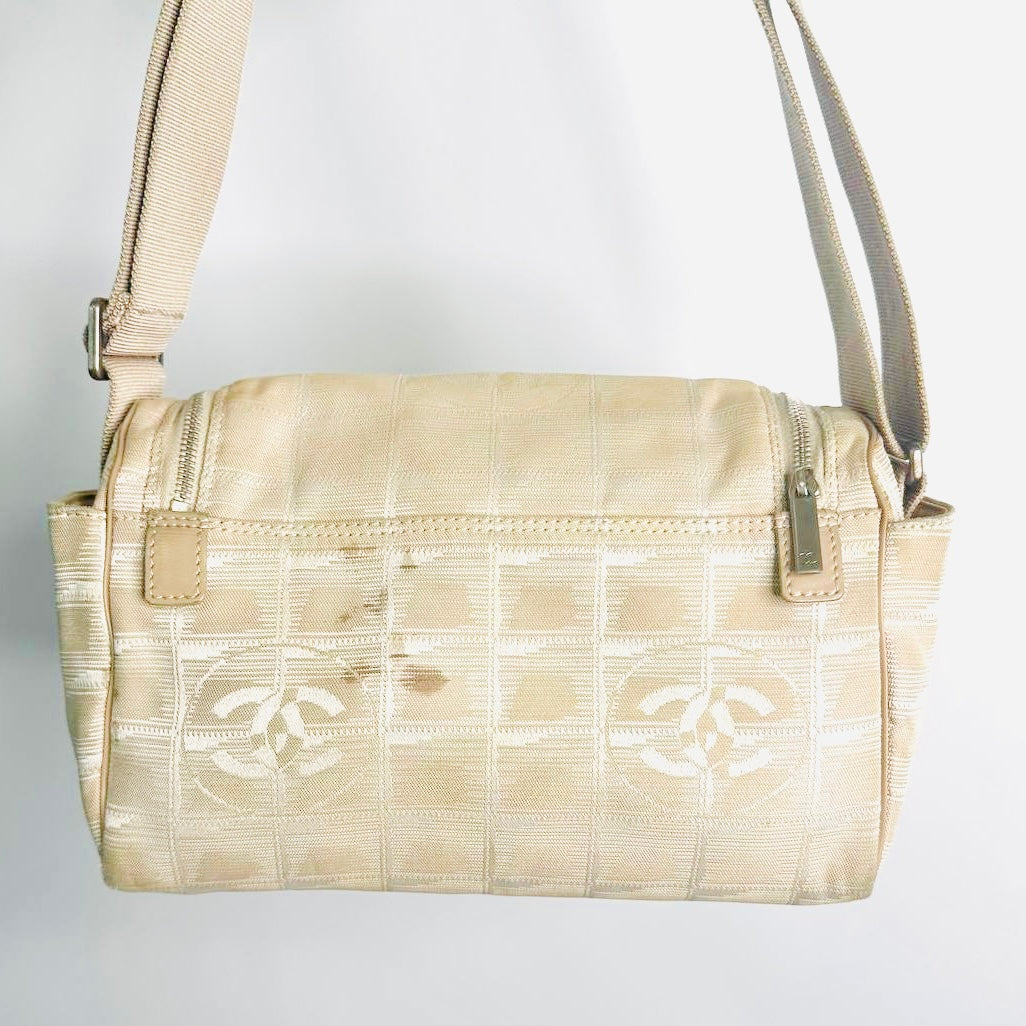 Chanel Taupe Beige Travel Line Quilted Jacquard CC Monogram Logo Shoulder Sling Hobo Baguette Bag 7s