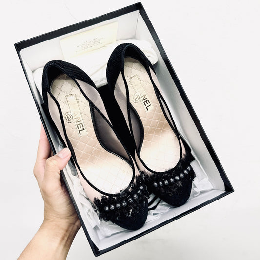 Chanel Classic CC Monogram Logo Mesh Black Lace Closed Toe Ballet Ballerina Heels Pumps Shoes