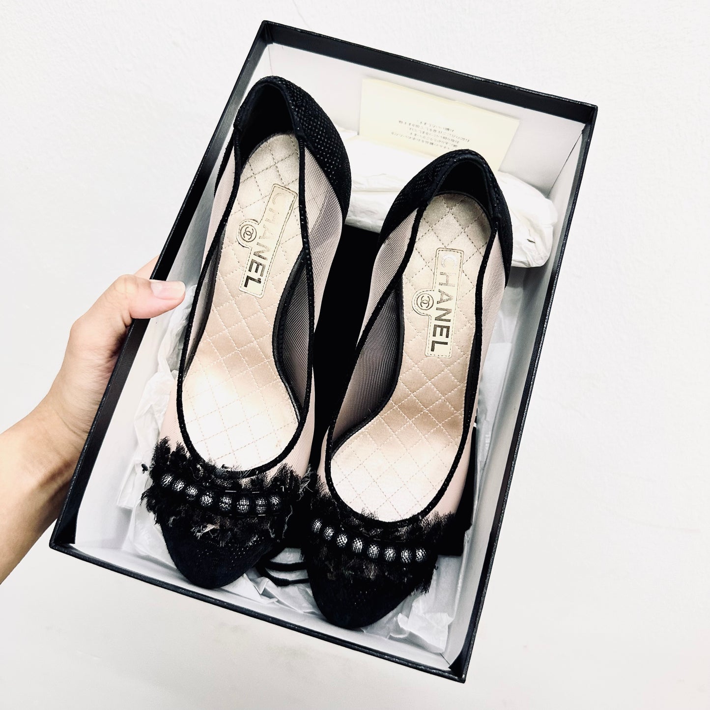 Chanel Classic CC Monogram Logo Mesh Black Lace Closed Toe Ballet Ballerina Heels Pumps Shoes