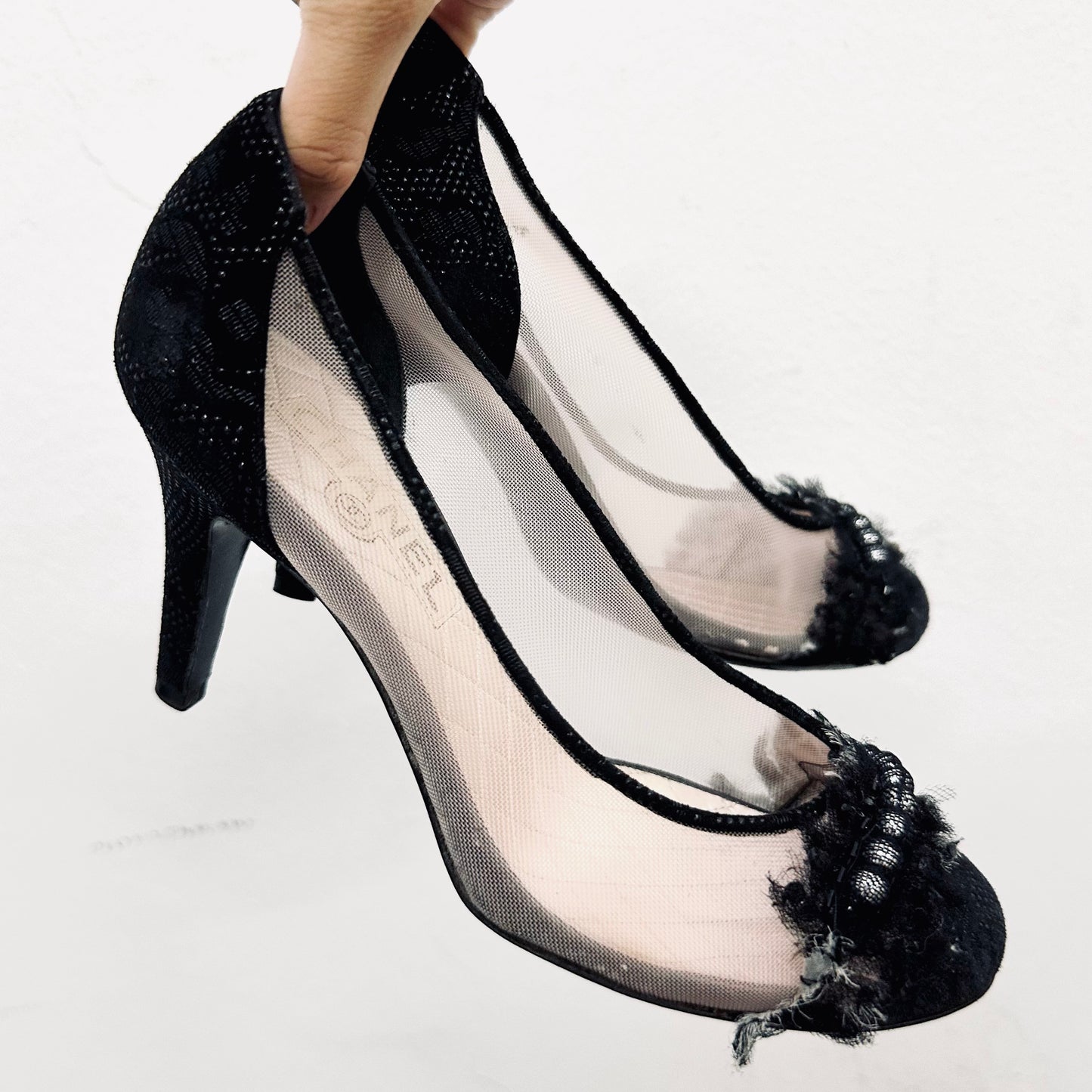 Chanel Classic CC Monogram Logo Mesh Black Lace Closed Toe Ballet Ballerina Heels Pumps Shoes