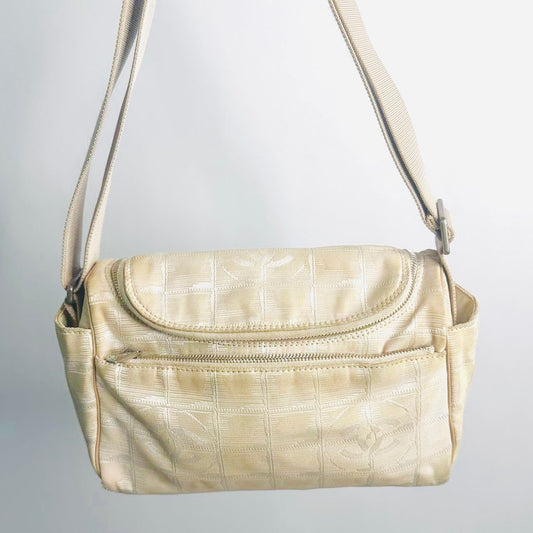 Chanel Taupe Beige Travel Line Quilted Jacquard CC Monogram Logo Shoulder Sling Hobo Baguette Bag 7s