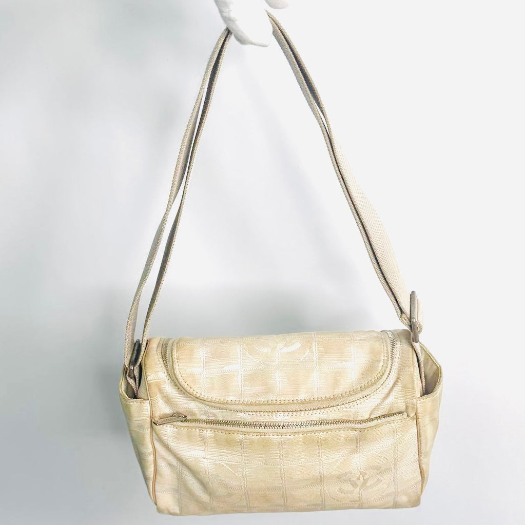 Chanel Taupe Beige Travel Line Quilted Jacquard CC Monogram Logo Shoulder Sling Hobo Baguette Bag 7s