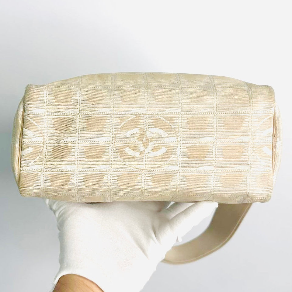 Chanel Taupe Beige Travel Line Quilted Jacquard CC Monogram Logo Shoulder Sling Hobo Baguette Bag 7s
