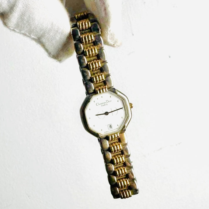 Christian Dior CD White Dial Monogram Logo Octagon Two Tone Gold & Stainless Steel Quartz 25MM Watch