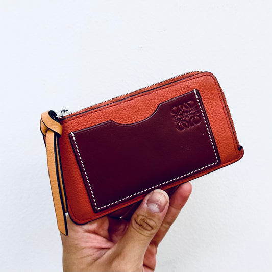 Loewe Burnt Orange / Brown / Maroon Soft Grained Calfskin Anagram Logo Monogram Zip Cardholder Card Holder Case Flat Compact Wallet