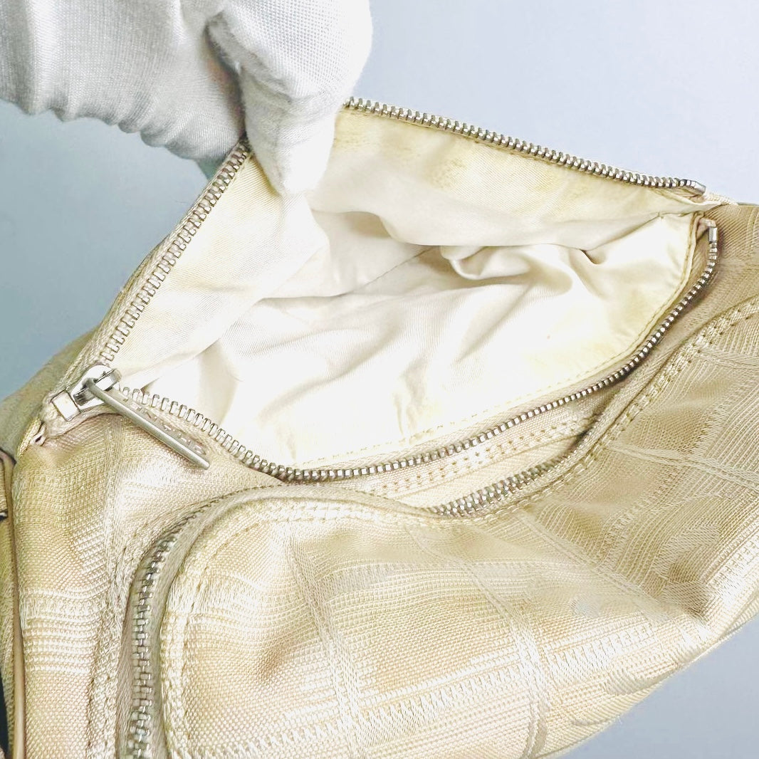 Chanel Taupe Beige Travel Line Quilted Jacquard CC Monogram Logo Shoulder Sling Hobo Baguette Bag 7s