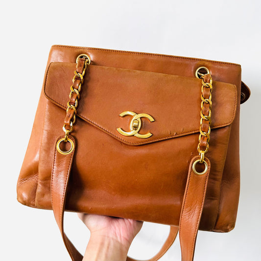 Chanel Caramel Brown GHW Giant CC Logo Classic Lambskin Coco Crush Shopper Shoulder Tote Bag 3s