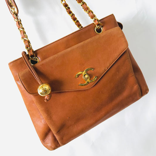 Chanel Caramel Brown GHW Giant CC Logo Classic Lambskin Coco Crush Shopper Shoulder Tote Bag 3s