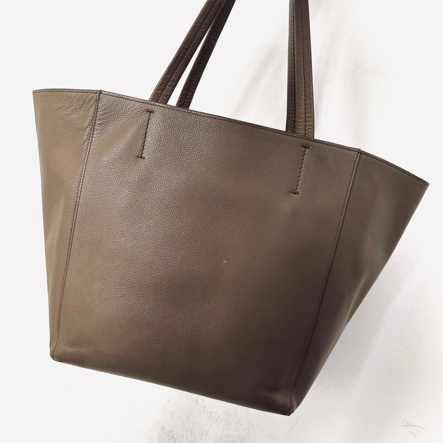 Celine Taupe GHW Cabas Phantom Small Monogram Logo Shopping Shoulder Tote Bag Soft Grained Calfskin