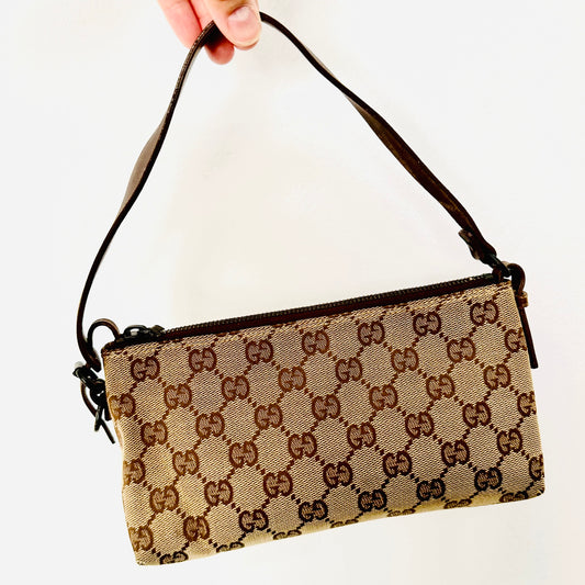 Gucci Beige / Brown GG Monogram Logo Hobo Pochette Shoulder Bag