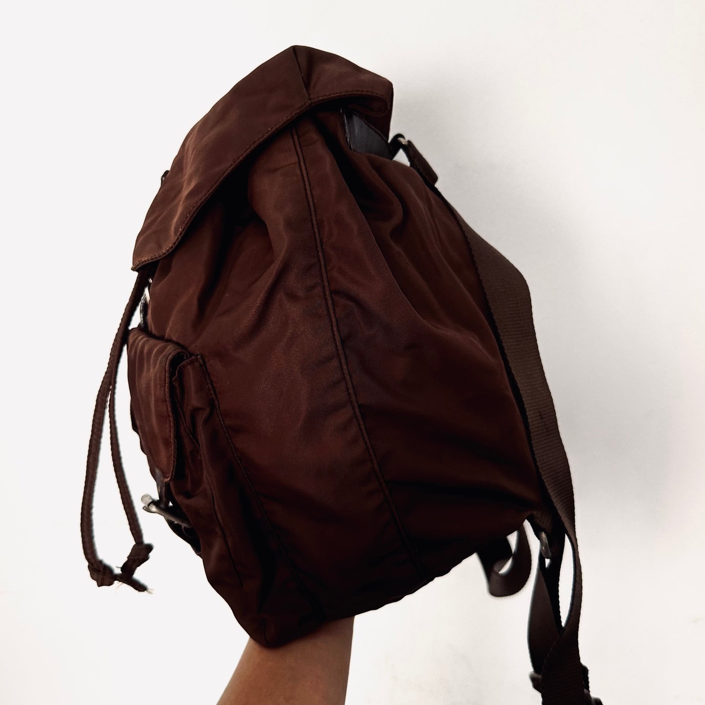 Prada Dark Brown Classic Logo Nylon & Leather Backpack Drawstring Bag