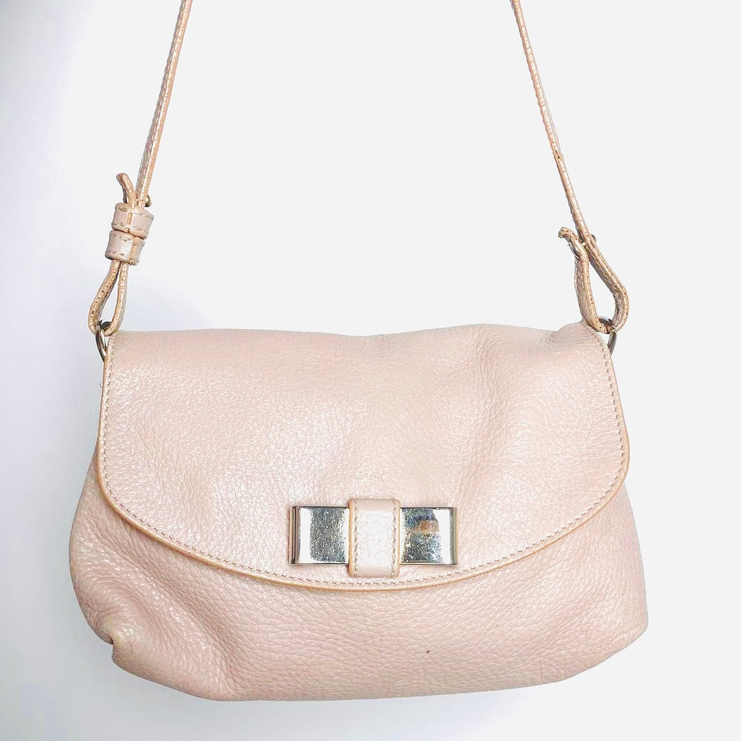 Chloe Lily Bliss Pink Bow Monogram Logo Pebbled Leather Top Handle Flap Shoulder Sling Bag