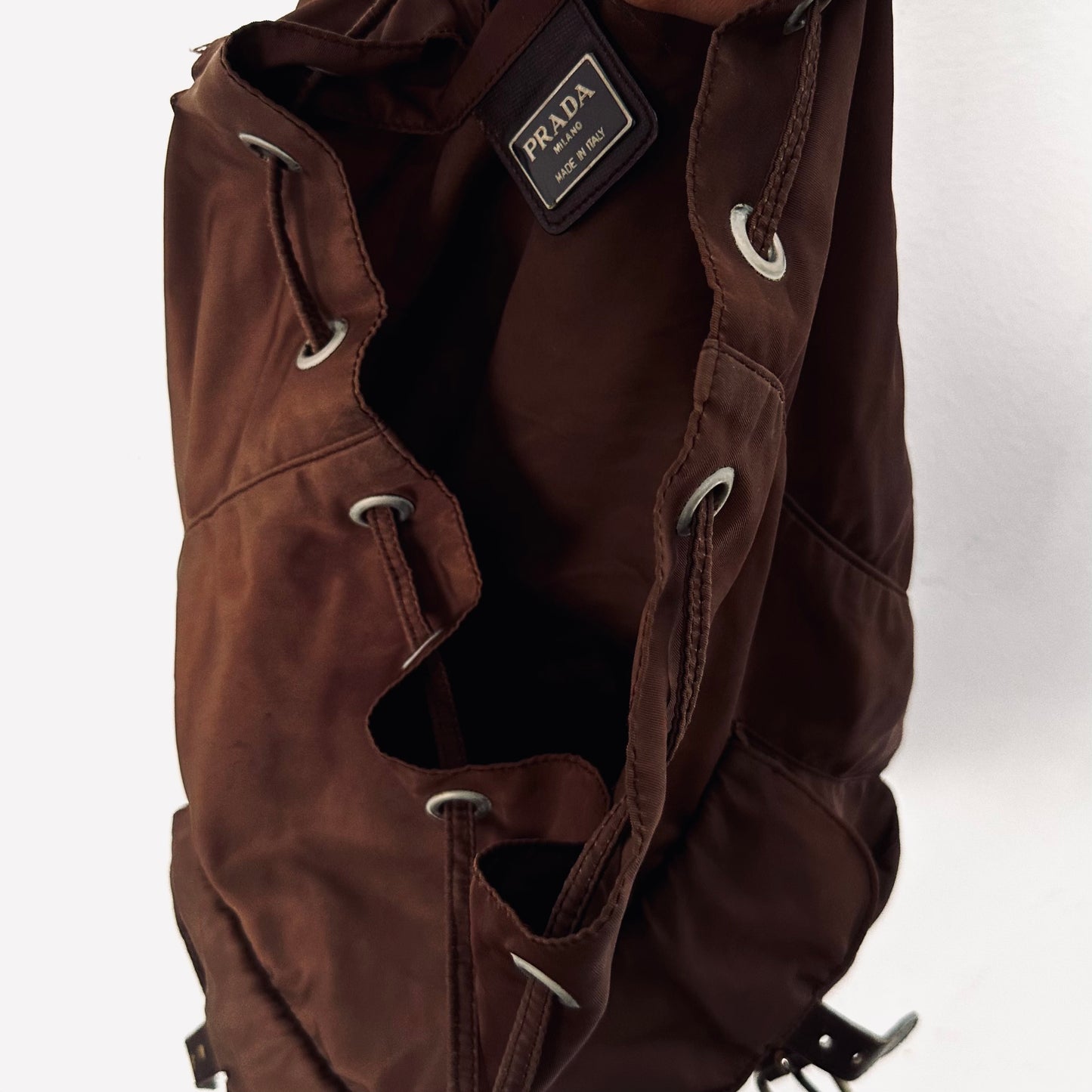 Prada Dark Brown Classic Logo Nylon & Leather Backpack Drawstring Bag